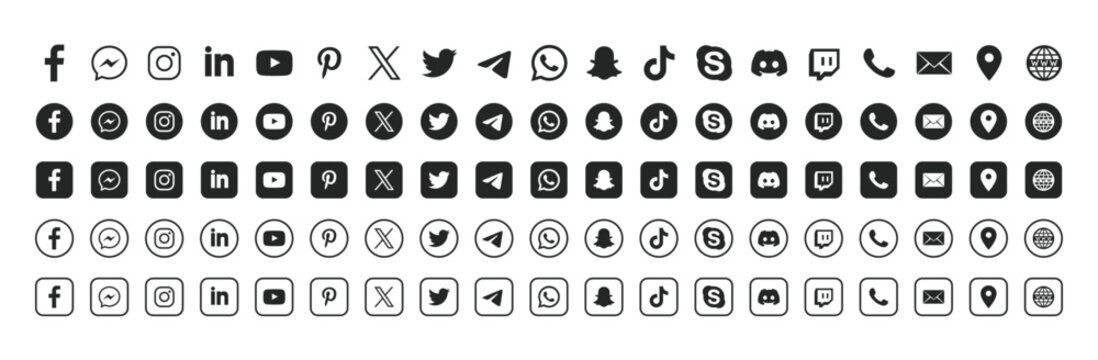 Social media icon set in circle square and outline styles for web contact communication and digital interface. Fully scalable and customizable.