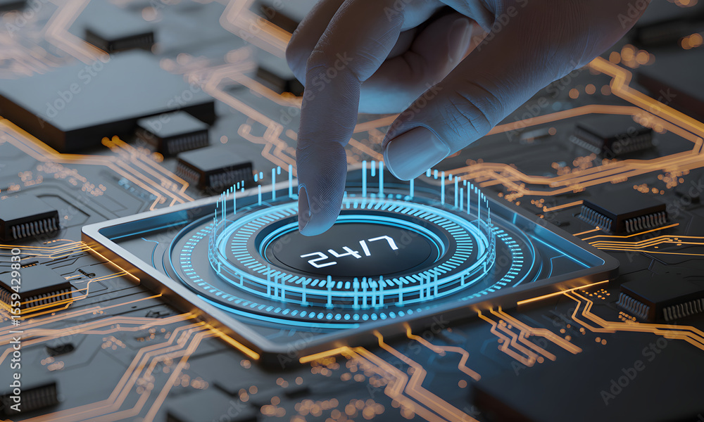 Poster finger activates a glowing 24/7 service interface on an advanced circuit board, symbolizing constant