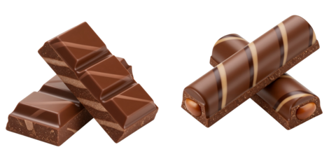 Chocolate double stripe bars and cubes stacked on transparent background  