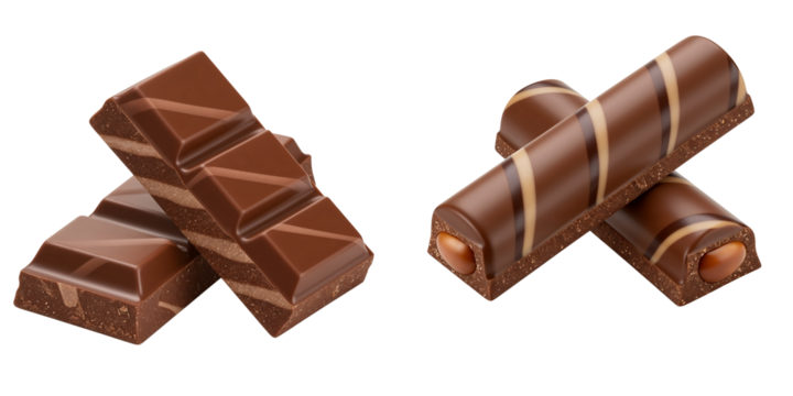 Chocolate double stripe bars and cubes stacked on transparent background   - Powered by Adobe