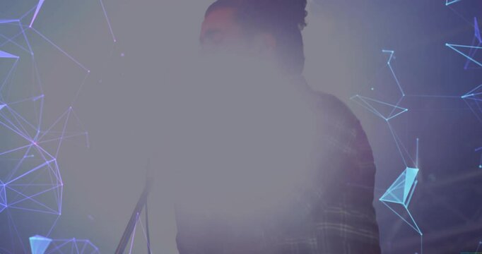 Singer leaning into mic and performing music with lamp flare obscuring shadow with purple polygons