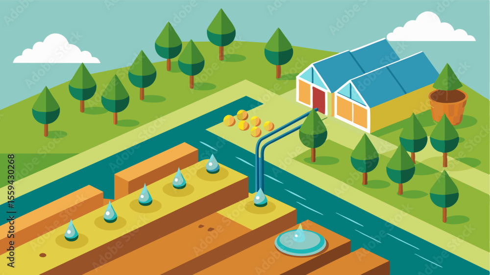 Poster an aerial view of a farm with drip irrigation systems in place efficiently delivering water directly
