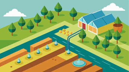 An aerial view of a farm with drip irrigation systems in place efficiently delivering water directly to the roots of each plant and minimizing evaporation.. Vector illustration