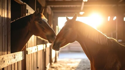 Ethereal equine affection, heartwarming embrace of horses in golden sunlight stable