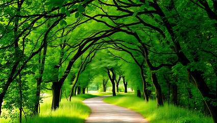 Obraz premium A winding path leads through a vibrant green forest tunnel created by trees