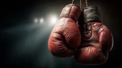 Vintage Leather Boxing Gloves Hanging in Dramatic Spotlight Background