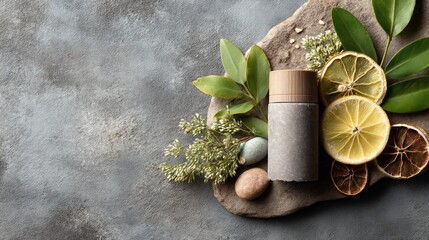 Natural Ingredients and Minimalist Packaging on Textured Stone Background
