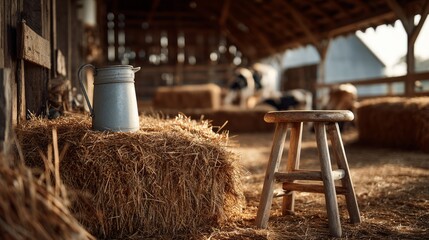 Rustic Barn Interior with Milk Jug and Wooden Stool Surrounded by Hay