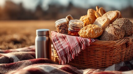Cozy Picnic Basket with Fresh Breads and Snacks on Blanket in Nature