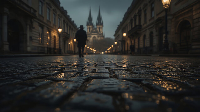 Rear view of man walking down cobblestone street at foggy night. Old victorian era, dark mystery mood. Person in coat, hat walks past vintage lamp post at London street. Urban exploration,