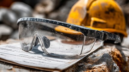 Safety Glasses and Yellow Hard Hat on Construction Site Surface Materials