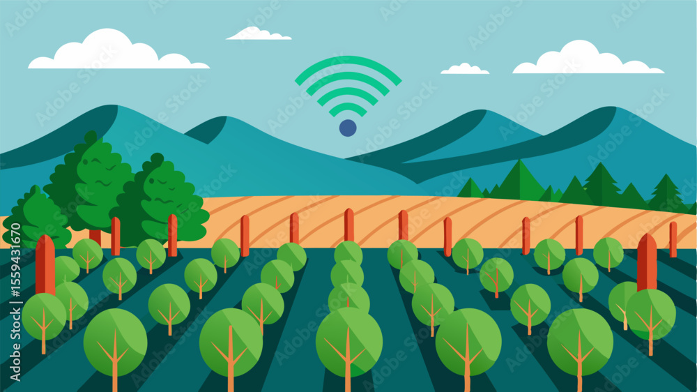 Poster a vegetable field is protected by a series of smart fences emitting electromagnetic waves to create 