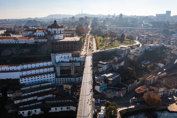 Aerial view of the city of Porto, including the Dom Luis I bridge (Ponte Dom Luis I), in Portugal.