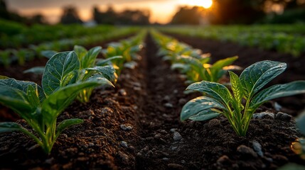 Fresh Green Seedlings Growing in Soil Under Warm Sunset Glow
