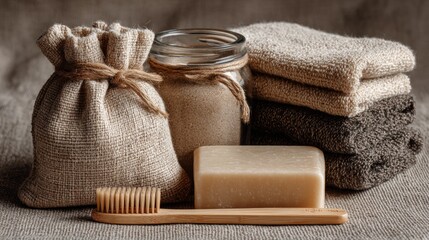 Natural Bath Essentials with Soap, Brush, Towels, and Natural Ingredients