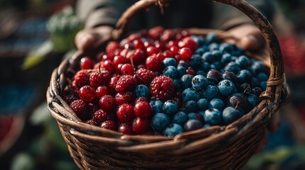Freshly Gathered Berries in a Rustic Basket Surrounded by Nature