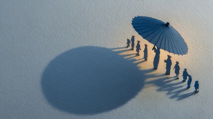 Shadows of People Under a Blue Umbrella on a Light Background