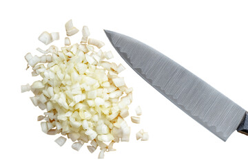 Finely Diced White Onion and Kitchen Knife, PNG