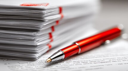 Stacked Documents with Red Pen on Table in Office Setting