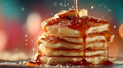Stack of Delicious Pancakes with Syrup and Butter on a Colorful Background