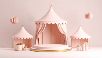 Fototapeta premium Space concept for product exhibition with cute tent against soft pastel color background.