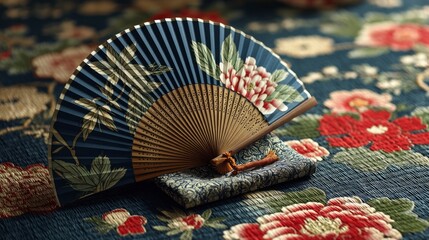 Elegant Blue Floral Fan on Decorative Textile Background with Vibrant Colors