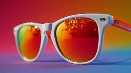 Vibrant Retro Sunglasses with Reflective Lenses and Colorful Backgrounds