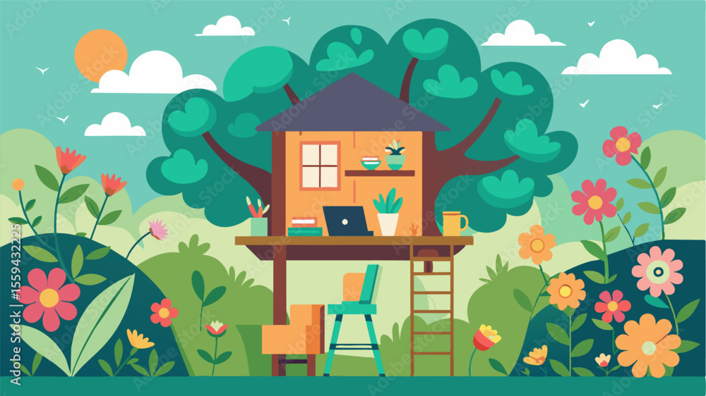 Poster the treehouse office surrounded by blooming flowers and lush greenery creating a serene and inspirin