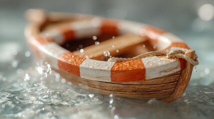 Wooden Boat Model in Water with Splashes and Reflections of Light