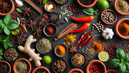 A top-down, flat lay view of a rich assortment of spices and herbs. The composition is densely packed with various bowls and scattered ingredients