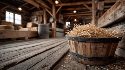 Rustic Wooden Basket Filled with Straw Inside a Vintage Barn Setting