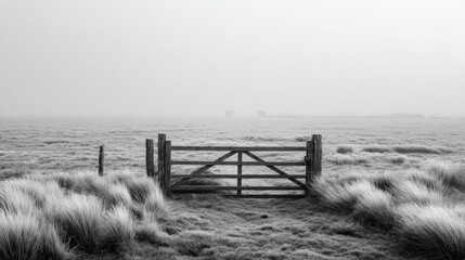 Vintage Wooden Gate in Foggy Field with Grass Landscape Background
