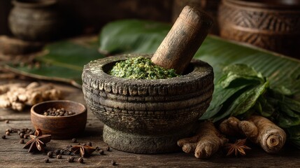 Traditional Kitchen Scene with Mortar, Pestle, and Fresh Ingredients