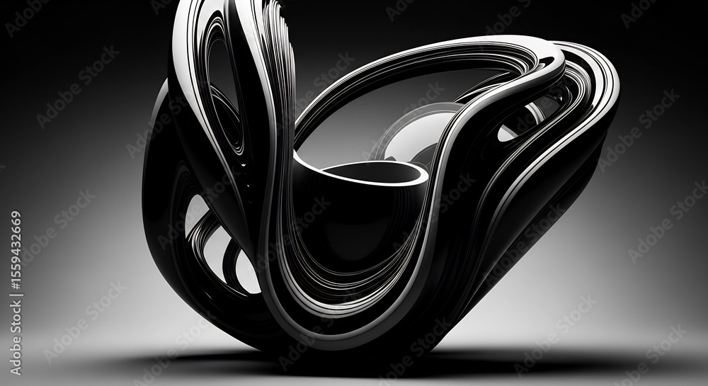 Poster abstract black and white curvilinear sculpture with glossy finish and dynamic composition