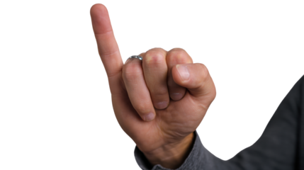 A person's hand raised with one finger pointing upwards, isolated on a white background.