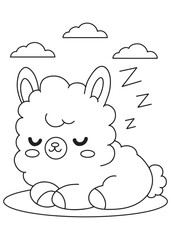 Coloring book alpaca peacefully sleeping on ground.
