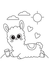Coloring book alpaca sunbathing with drink.