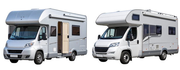 Set of “Front View of Sleek Modern Travel Trailer with Large Windows, Isolated PNG