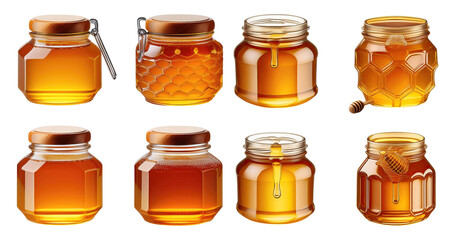 Various Honey Jars with Different Designs and Styles on White Background, PNG bundle collection, Isolated on Transparent Background