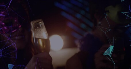 Masked women clinking flutes, sipping champagne kicking off business event with polygon overlays