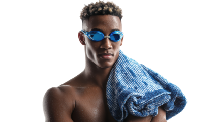 Athlete with swimming goggles and towel, prepared for training or competition, focused expression.