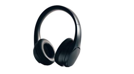 Black wireless headphones with plush earcups on white isolated background.