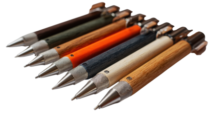 Collection of stylish wooden pens on white isolated background.