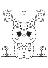 Coloring book alpaca doctor with stethoscope.