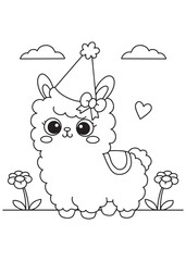Coloring book alpaca wearing a party hat with flower.