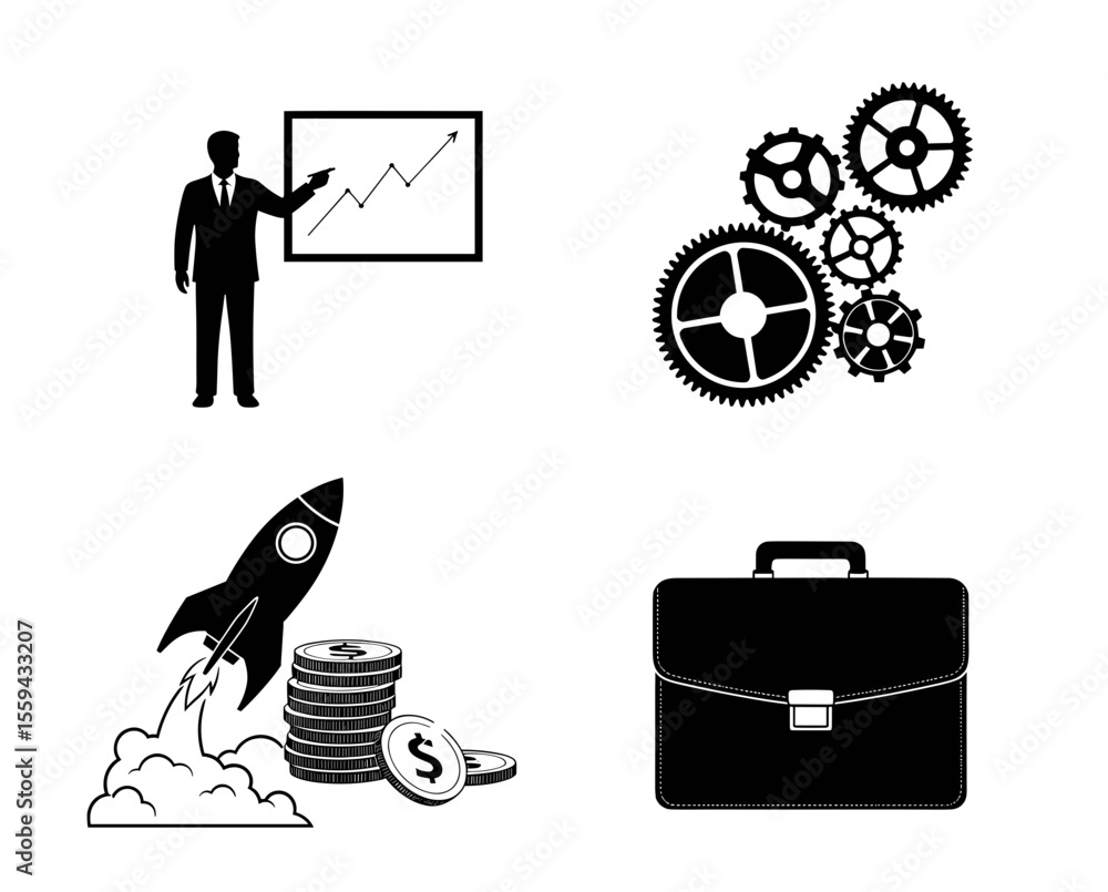 Poster presentation with rising graph gears rocket with coins and briefcase representing business growth id