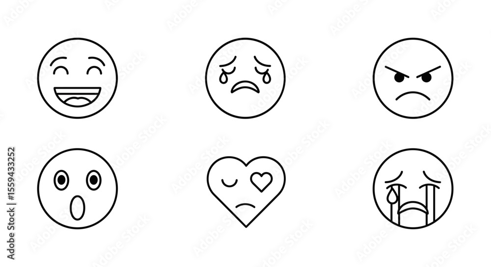 Poster collection of six unique line drawing emoji icons expressing various emotions and feelings in a row 