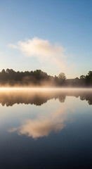 Obraz premium Serene lake reflecting a clear sky at dawn, mist rising from the water