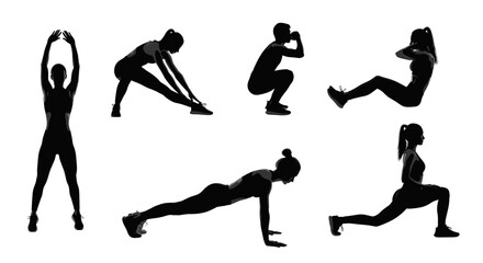 Silhouette of a woman performing various stretching and exercise poses in a fitness routine workout plan