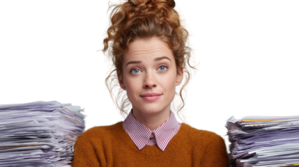 Confident woman surrounded by paperwork, expressing determination in a busy office setting.